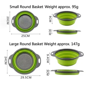 Green collapsible round silicone kitchen strainers in two sizes with dimensions