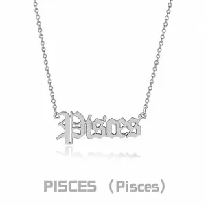 Macro detail of silver Pisces gothic font pendant with delicate stainless steel link chain