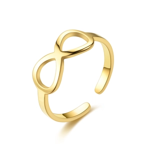 Detailed view of the gold infinity symbol open ring featuring a polished metallic finish