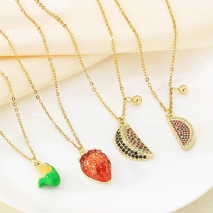 Golden titanium steel necklaces with crystal fruit pendants like strawberry and watermelon