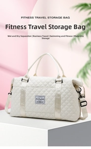 Detail of white quilted travel bag showing water-resistant fabric and dry-wet separation