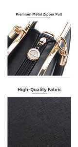 Detail of golden metal zipper puller and high-quality woven texture on black handbag