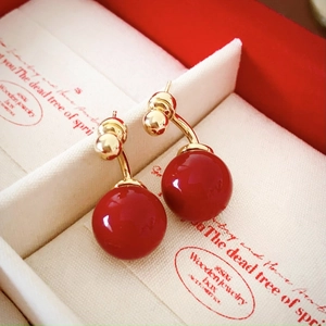 Vintage red and gold double-sided stud earrings with imitation pearl design in a gift box