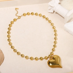 Chunky 18K gold heart pendant necklace with round bead chain and adjustable lobster clasp