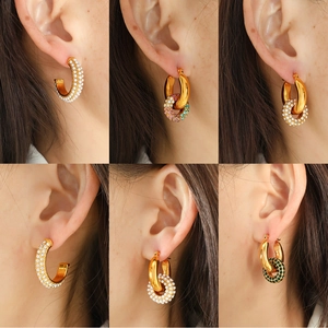 Chic geometric gold-plated hoop earrings featuring pearls and colorful cubic zirconia