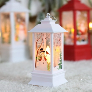 Retro Christmas LED lantern with snowman painting and warm flickering candle light