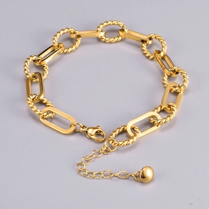 Minimalist 18K gold chunky chain bracelet with geometric links and a ball pendant