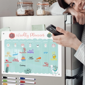 Clear acrylic magnetic weekly planner for fridge with 6 colored markers and pen holder