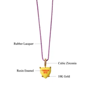 Minimalist heart pendant necklace with purple chain and Dream Big slogan engraving
