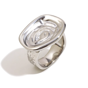 Irregular oval stainless steel ring with spiral texture in silver finish on white background
