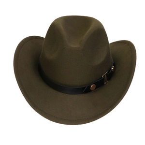 Detail of army green wool felt cowboy hat featuring a black leather band and gold buckle