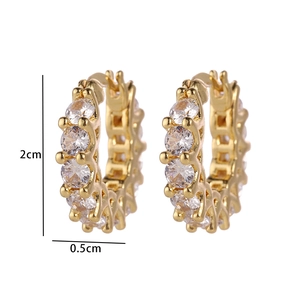 Detail view of 2cm gold-plated earrings with clear cubic zirconia showing precise dimensions
