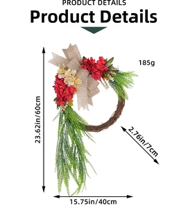 Detailed size specifications of 60x40cm rustic floral wreath with red hydrangea and burlap bow