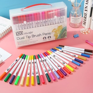 Set of 100 colors dual tip brush pens for sketching and coloring in a clear storage box