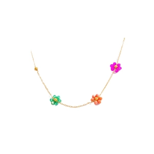 18K gold plated stainless steel necklace with green, orange, and pink floral bead pendants