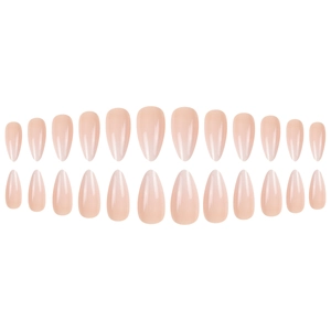 Set of 24 nude almond press on nails with gradient glossy finish on white background