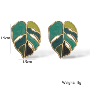 Detail showing monstera leaf earring dimensions 1.9x1.5cm with enamel green finish