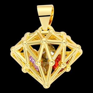 Golden hollow geometric cage pendant with colorful gemstones on a black background