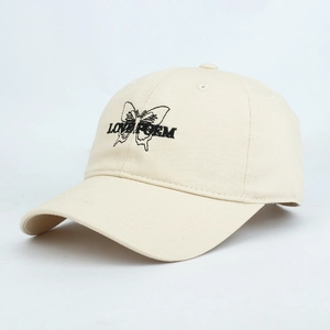 Classic beige cotton baseball cap featuring black butterfly and LOVE POEM embroidery detail
