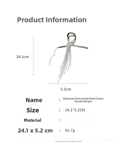 Vue détaillée d'une pince à cheveux argentée avec strass, perles et dimensions de chaîne