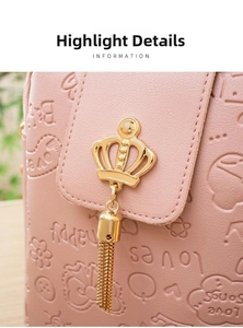 Close-up of pink PU leather bag with embossed letters and a golden crown buckle
