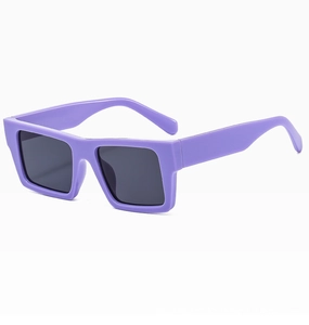 Detail view of purple square frame sunglasses with thick temples at a 45-degree angle