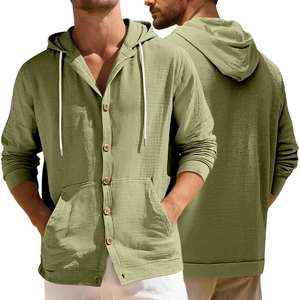 Men Hooded Shirt Linen Blend Casual Long Sleeve Button Down Beach Vacation Loose Fit Plain Color With Pocket