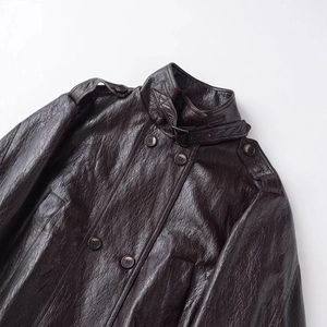 Deep brown PU leather jacket featuring classic stand collar and shoulder epaulettes