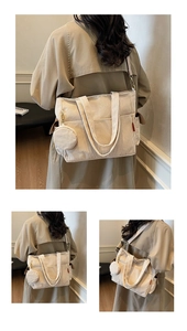 Close-up of beige corduroy tote bag featuring a round coin purse and textured strap detail