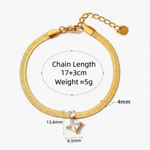 Gold stainless steel snake chain bracelet with diamond-shaped zircon charm and lobster clasp