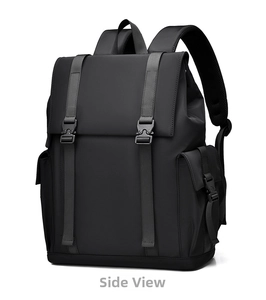 Detail of waterproof black business backpack featuring durable tactical metal buckles