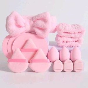 14-piece pink flannel makeup set with headband, wristbands, powder puffs and sponges