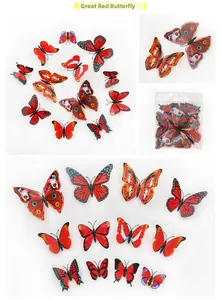 Macro detail of waterproof 3D red butterfly wall stickers with realistic PVC textures