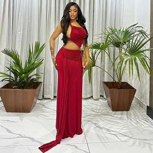 Elegant red one-shoulder cut-out evening maxi dress with slim fit and floor-length drape