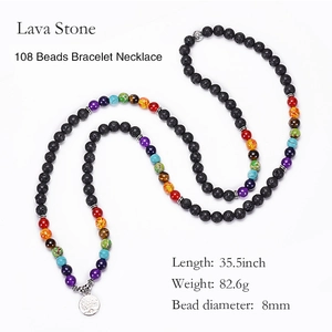 108 Lava Stone Mala Beads Necklace with Tree of Life Pendant and Chakra Stones
