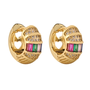 Gold huggie earrings with colorful baguette stones and clear pavé zircon accents