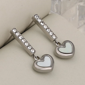 Silver drop earrings with sparkling rhinestones and elegant white heart-shaped pendants