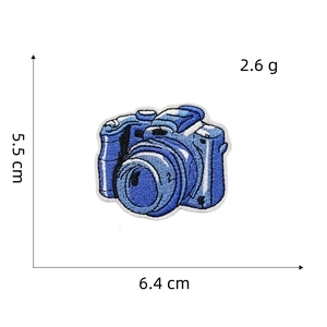 Blue camera embroidered patch with size dimensions 5.5cm x 6.4cm for guitars and bags