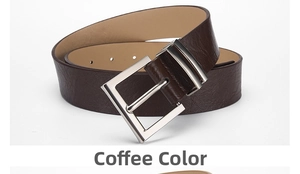 Detail of coffee brown PU leather belt featuring lychee texture and silver square buckle