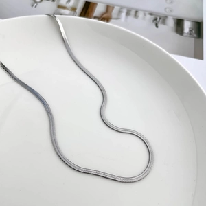 Flat silver snake bone chain necklace displayed on a white round ceramic plate