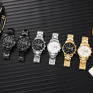 Men's business quartz watches with multifunctional dials in gold, silver, and black finish