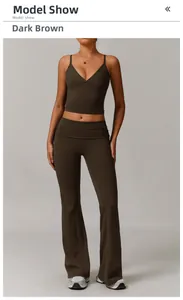 Detail of V-neck camisole and flared yoga pants in dark tea coffee eco-friendly fabric