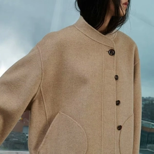 Damen Kurze Wolljacke Stehkragen Lockere Passform Einfarbiger Mantel Mit Großen Taschen Eleganter Vintage Casual Oberbekleidung