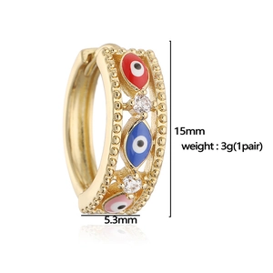 Bohemian gold hoop earrings with colorful devil's eye oil drop charms and zircon inlays