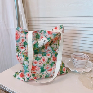 Floral print cotton canvas tote bag with vintage french rose patterns and wide handles