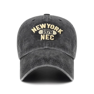 Unisex washed cotton baseball cap in charcoal grey with vintage New York embroidery
