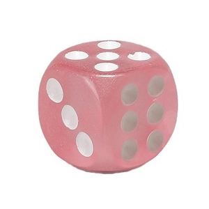 Translucent pink resin game dice with white dots on a clean white background