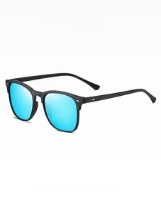 Detail view of square black matte sunglasses frame with reflective blue mirrored lenses
