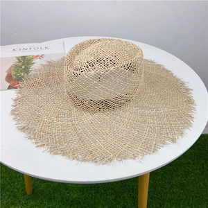 Women Wide Brim Straw Hat Flat Top Fringed Edge Breathable Summer Beach Sun Protection Woven Khaki