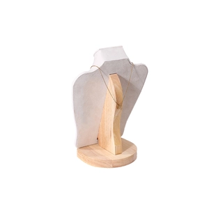 Portrait bust necklace display stand with light gray velvet and solid wood base